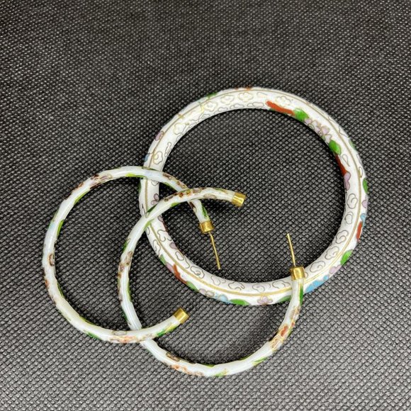 Vintage Cloisonné Enamel Hand Painted Hinged Bangle Bracelet And Earrings Set - Picture 3 of 11